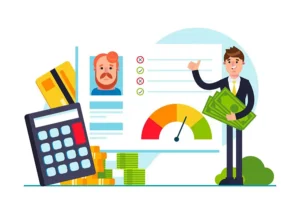 The image illustrates a financial assessment theme, featuring a business professional holding cash with a thumbs-up, a checklist, a performance gauge, and icons of a credit card and calculator. It visually represents a cost-benefit analysis, likely related to HRMS software.