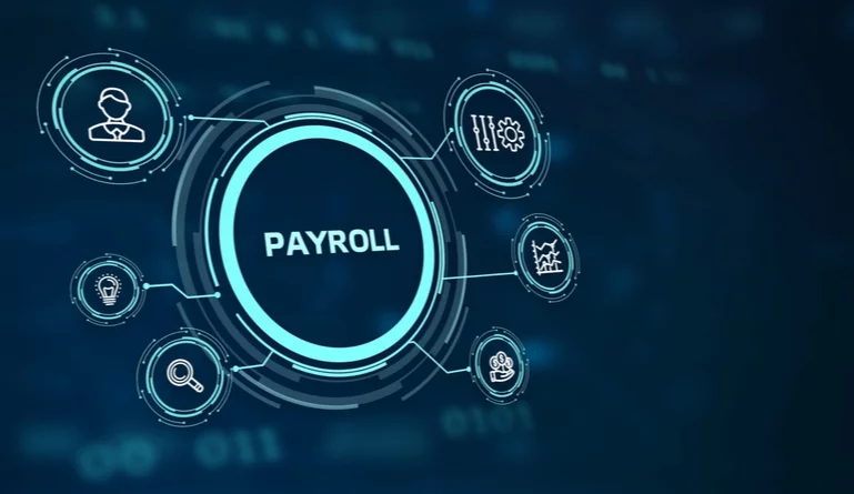 Digital illustration of the best payroll management system with icons representing payroll functions, highlighting efficient solutions for streamlined business operations in the UAE.