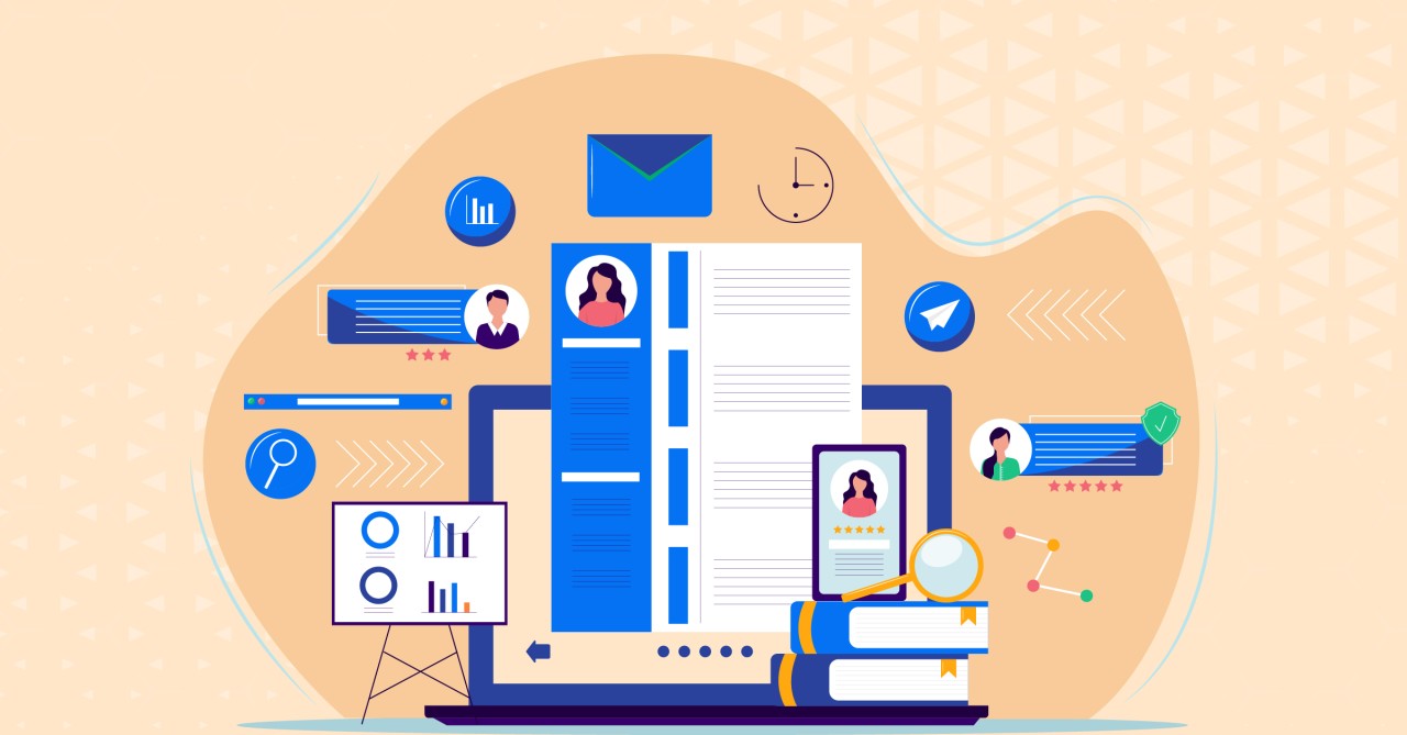 An illustration showcasing an Applicant tracking system in UAE with icons of resumes, analytics, communication tools, and recruitment workflows.