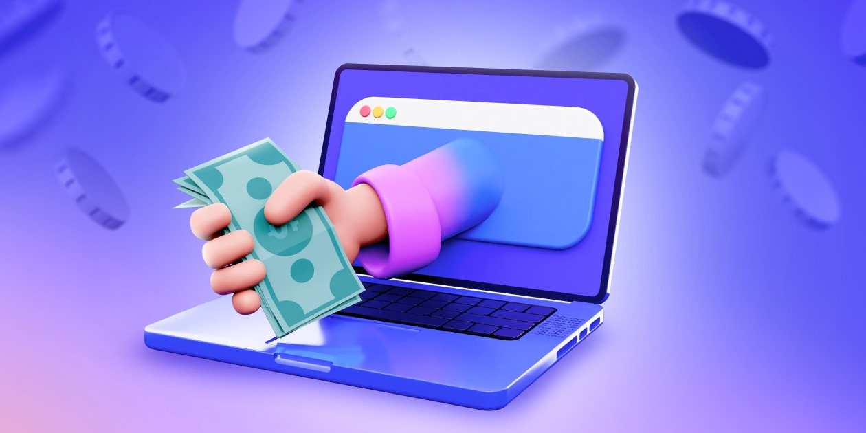 An illustration of online payroll management, showcasing a hand holding cash emerging from a laptop screen, representing cloud-based payroll solutions in the UAE for 2024.