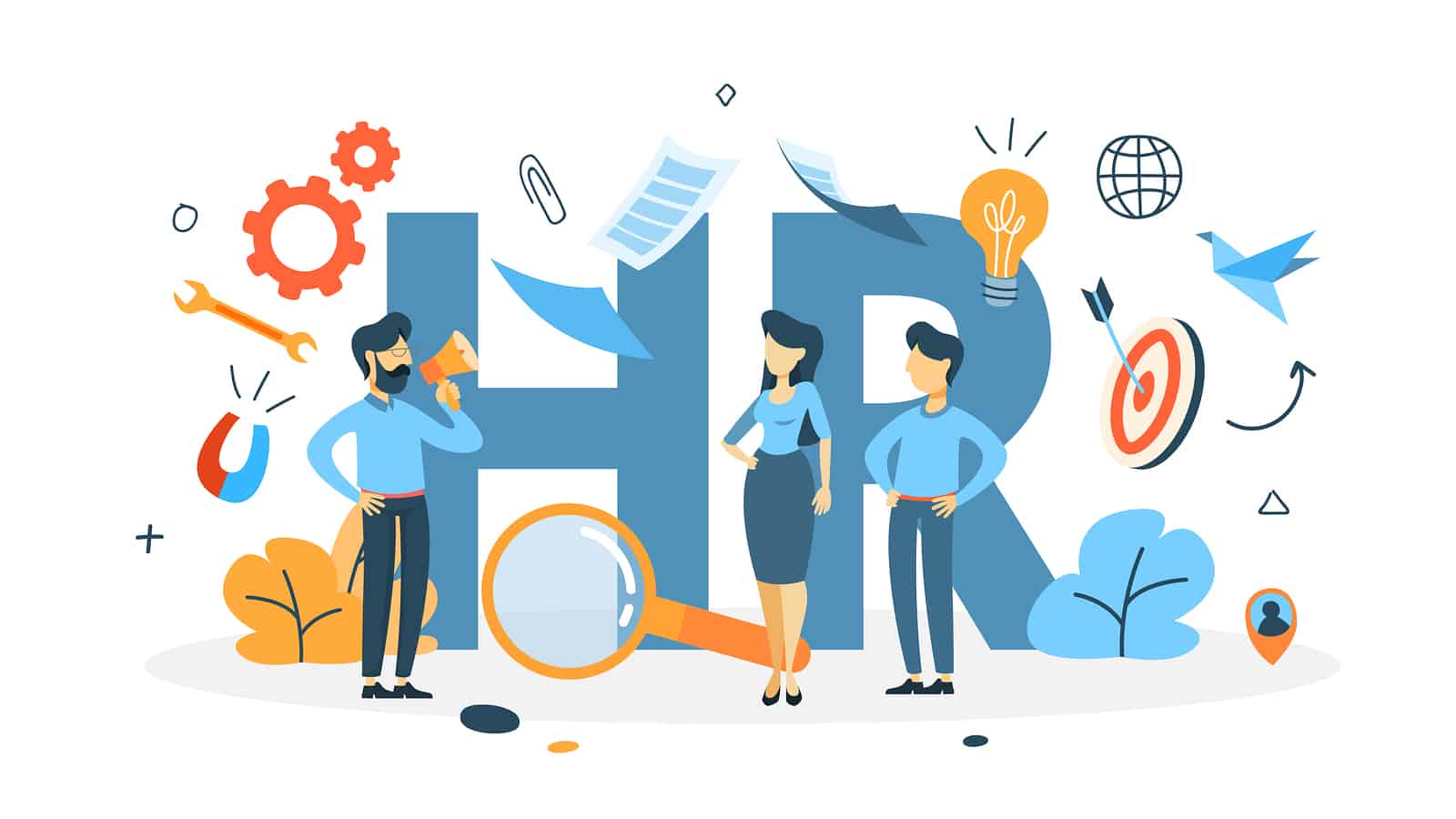 Illustration of HR professionals collaborating with icons representing HR tools, payroll, and automation—relevant to best HR payroll software in UAE.