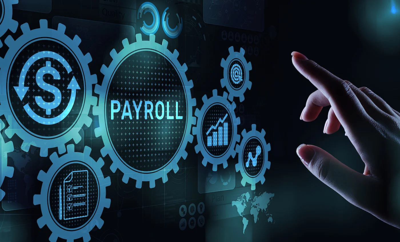 Illustration of payroll software automation for group companies in UAE, showcasing gears symbolizing compliance, analytics, and financial management.