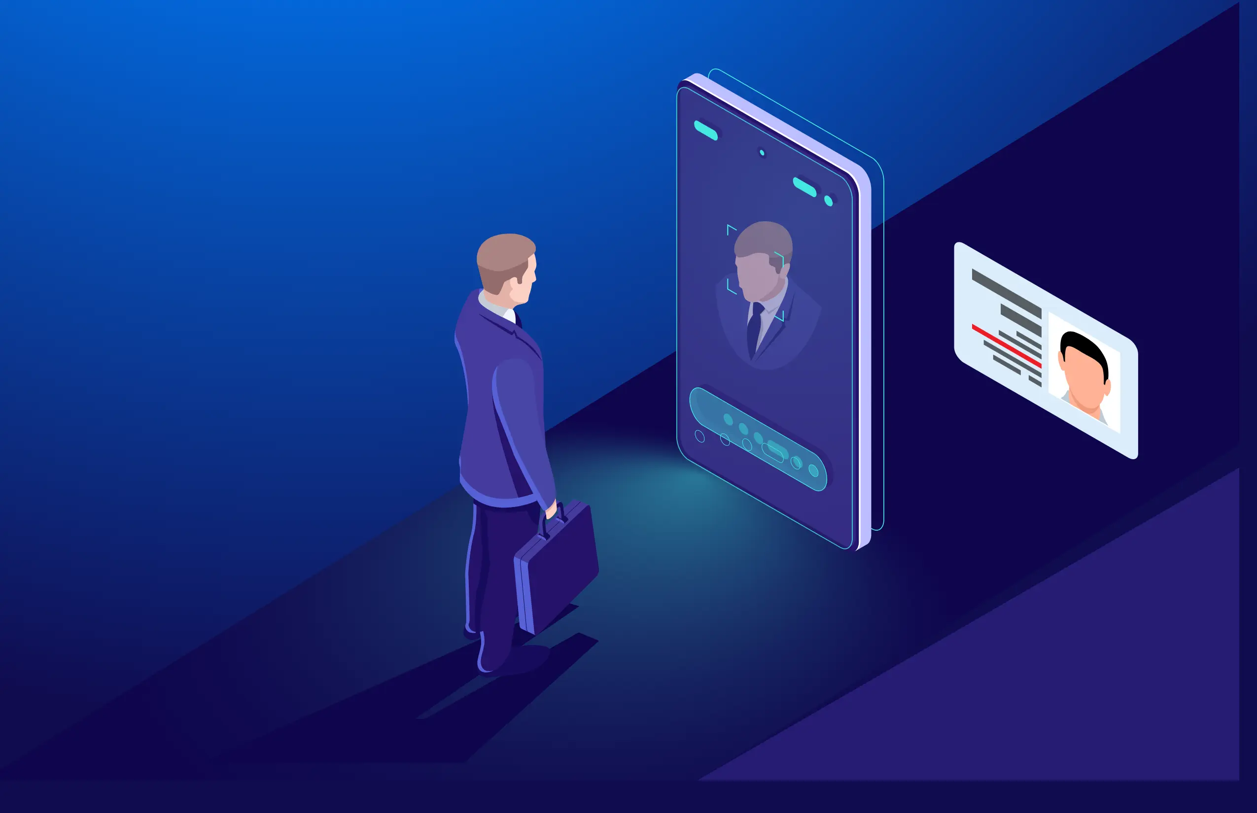 Businessman using AI attendance software UAE with facial recognition on a smartphone for identity verification, alongside an ID card display.