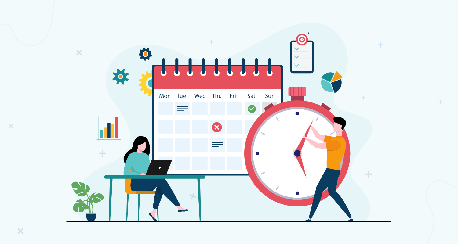 Illustration of Attendance and Absence Management Software in abu dhabi concept, featuring a calendar, a stopwatch, a working employee, and productivity-related icons.