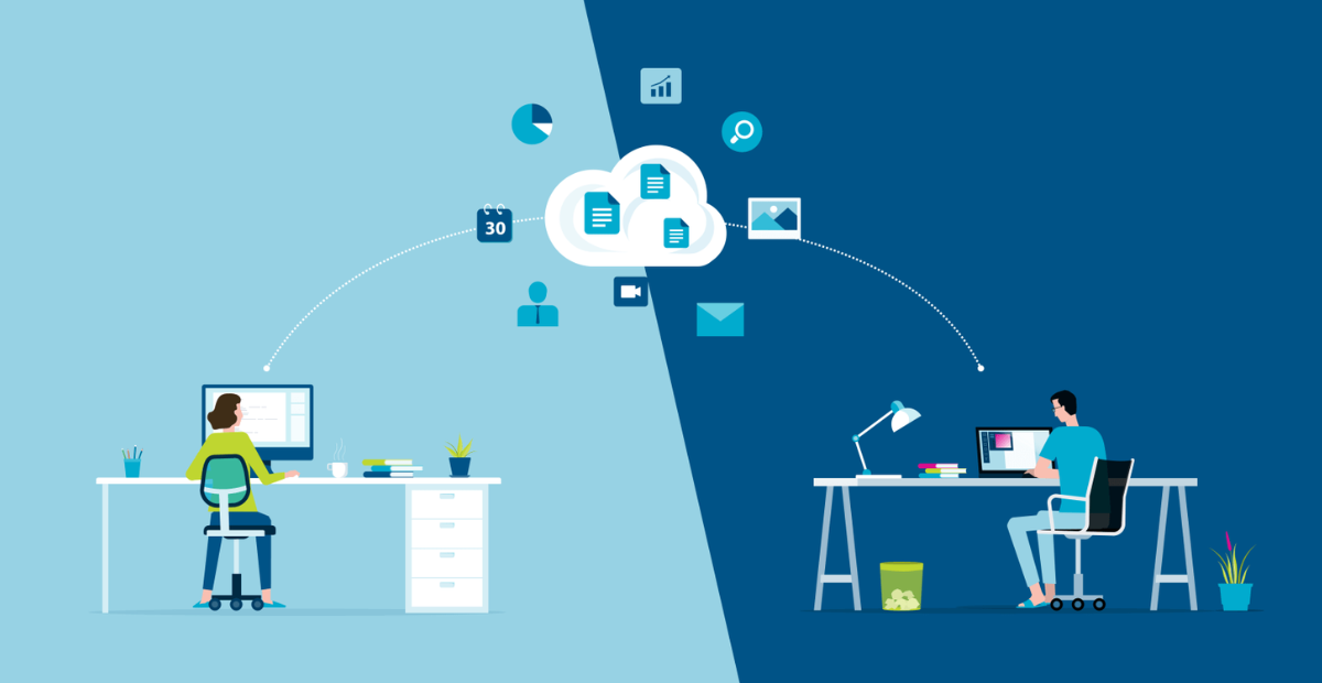 Illustration of remote work using Payroll Software in UAE with cloud-based data sharing