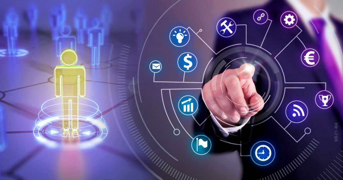 Businessman interacting with digital HR in UAE interface showcasing workforce management and HR tech icons.