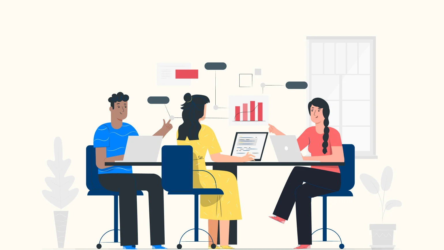 Illustration showing a team collaborating on recruitment management UAE strategies using laptops and digital tools in a modern office setting.