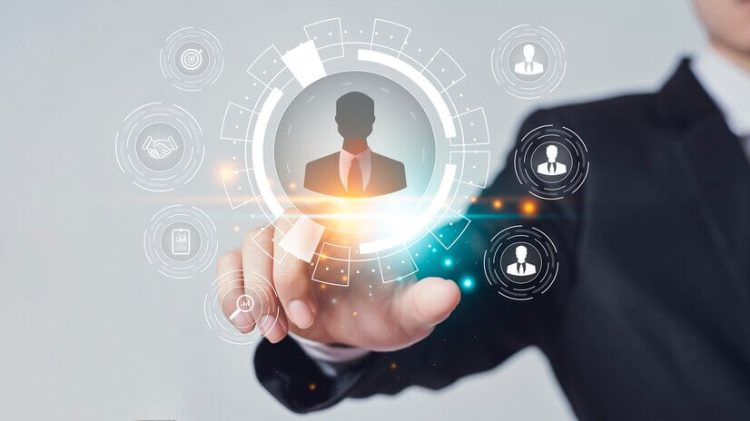 Businessman interacting with virtual interface of HCM software in UAE