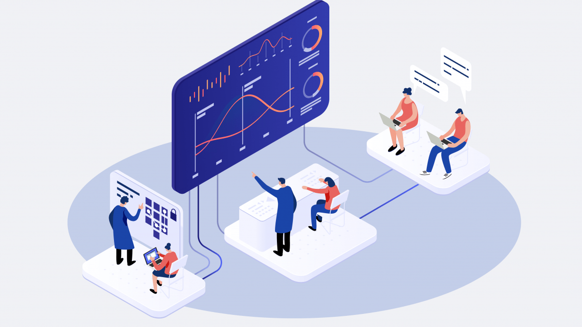 Illustration showing team analyzing data dashboards and collaborating remotely using HRMS software in Dubai.