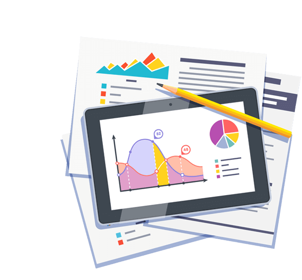 Illustration showing HR analytics and reports on a tablet and documents, representing the Best HRM Solution in Dubai for data-driven decision-making.