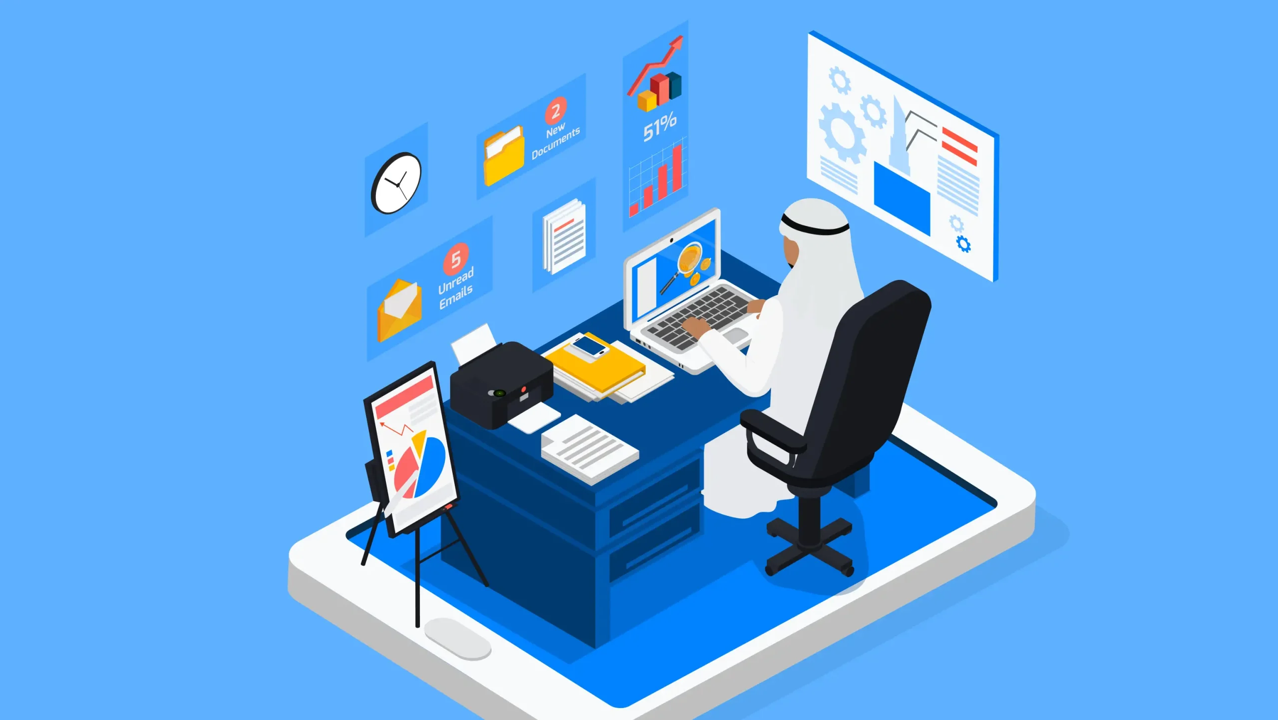 Illustration of a man in traditional Emirati attire using payroll software in Dubai & UAE on a laptop, surrounded by digital business charts, emails, and reports.