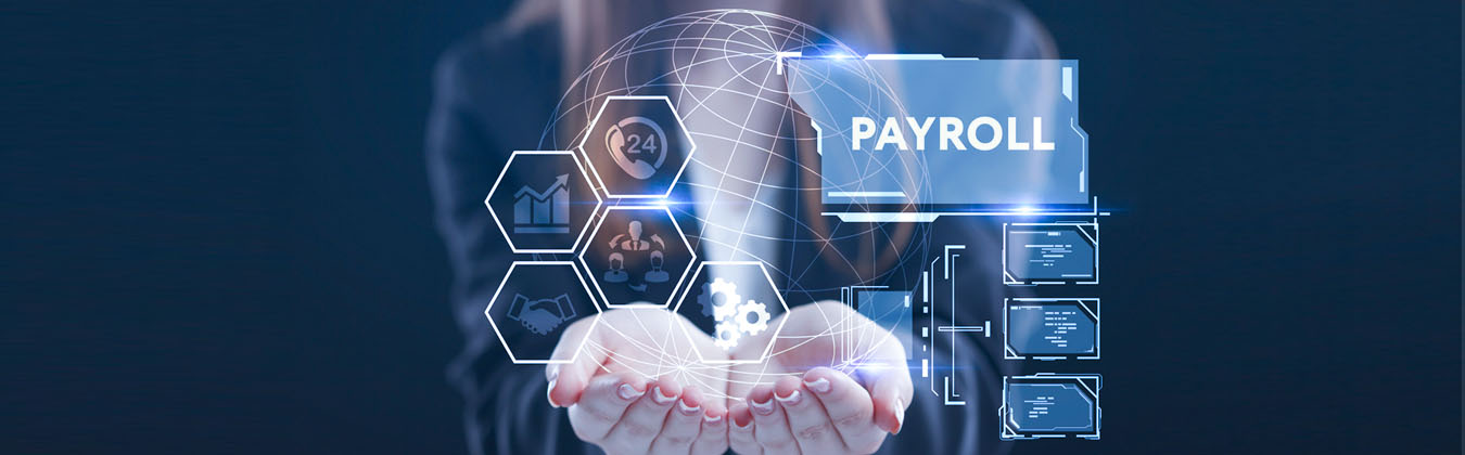 Digital interface showcasing futuristic icons and the word "Payroll," representing the best payroll software in Dubai for automated salary management.