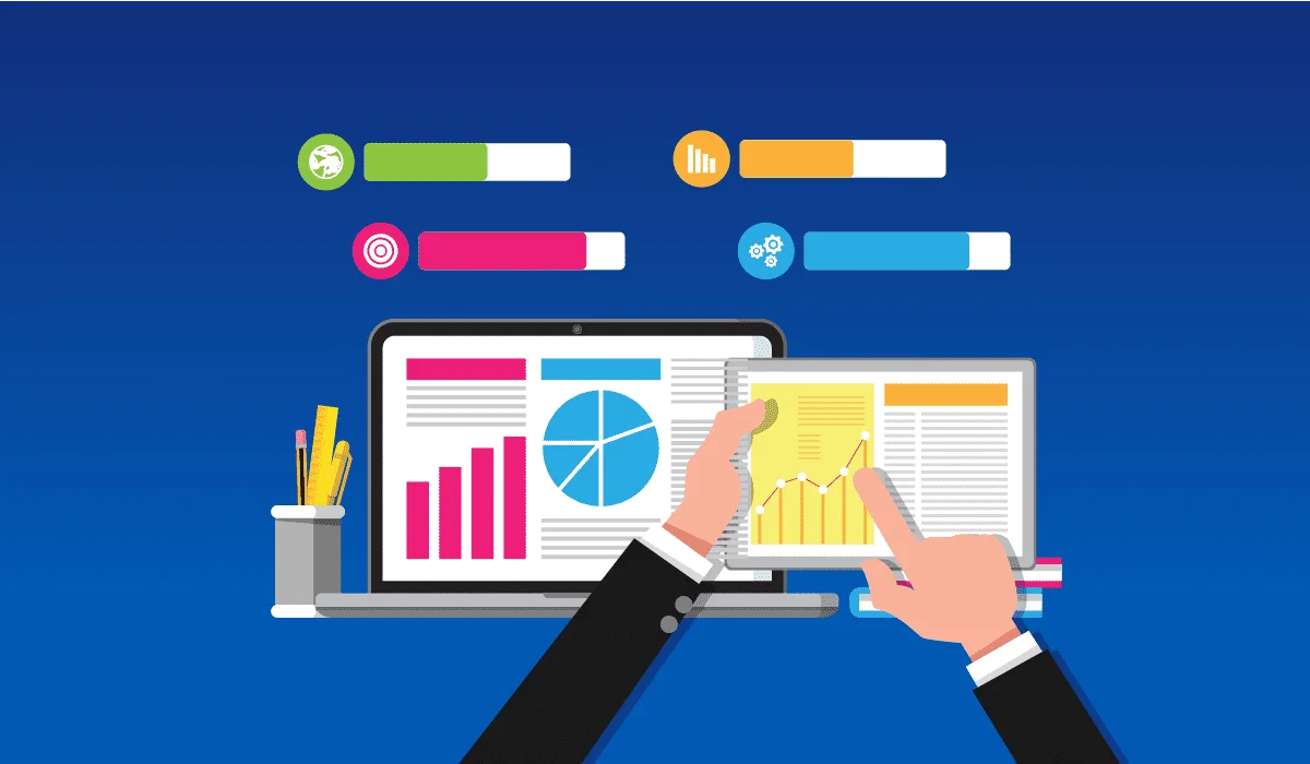 Business data analysis illustration showing hands interacting with a laptop and tablet displaying bar charts, pie charts, and graphs, with progress bars and icons above, symbolizing digital analytics and performance metrics.
