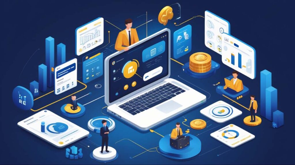 Illustration of the best HRMS software in UAE showcasing cloud-based HR dashboards, payroll management, employee data analytics, and digital workforce tools in a futuristic digital interface.