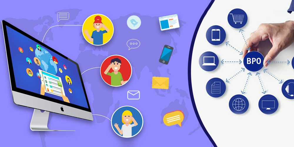 Digital illustration showing business outsourcing concepts with computer screen, customer support icons, and connected services network, representing the Best BPO Service in UAE.