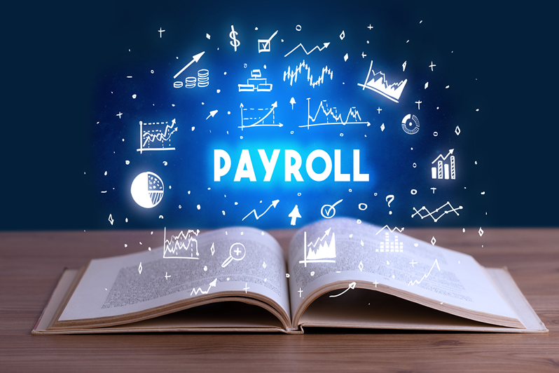 Open book with digital payroll icons and graphs, symbolizing financial management by the Top Payroll Service Provider in UAE.