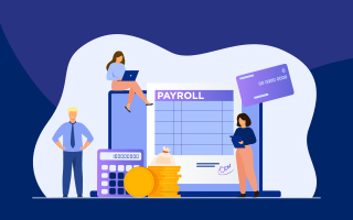 Alt Text: "Payroll Outsourcing in UAE illustration showing professionals managing payroll systems with calculator, documents, and digital interface for accurate salary processing