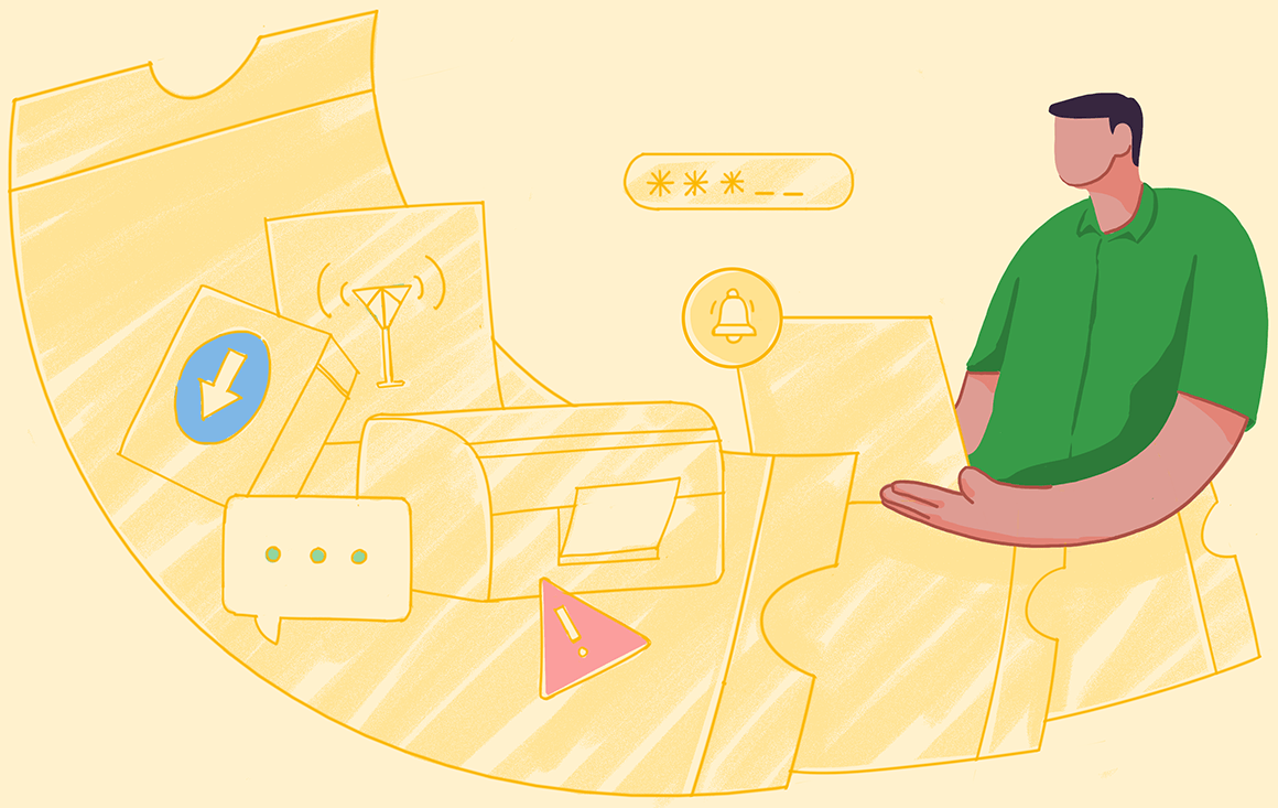 Illustration representing an Employee Self-Service Portal in UAE, featuring a person interacting with digital icons such as notifications, downloads, messages, and Wi-Fi, symbolizing self-managed HR functions and digital workplace tools.