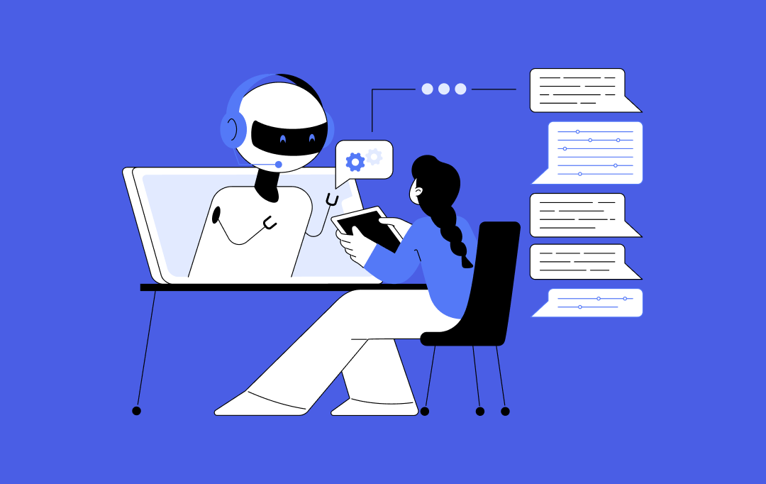 Illustration of a recruiter using a tablet to interact with an AI assistant on a laptop, representing advanced Talent Acquisition Software in UAE for automated hiring and candidate communication.