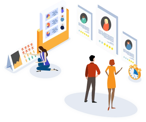 Illustration showing employees analyzing charts and profiles, representing a Leave Management System in UAE for tracking and managing employee leave records efficiently.