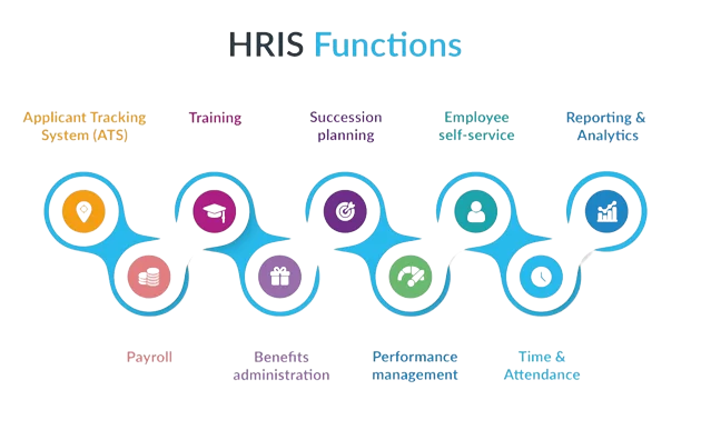 HRIS in UAE functions infographic showing applicant tracking, payroll, training, benefits administration, succession planning, performance management, employee self-service, time attendance, reporting and analytics module