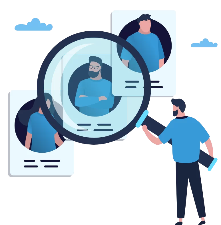 Best recruitment software illustration showing HR professional using magnifying glass to search and evaluate candidate profiles for talent acquisition in UAE