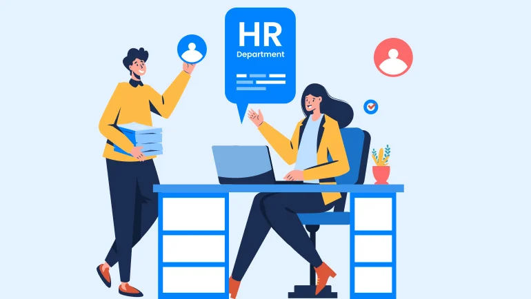 Top HRM System in UAE illustration showing HR professionals managing employee data with digital HR Department interface, laptop workstation, and user profile management tools