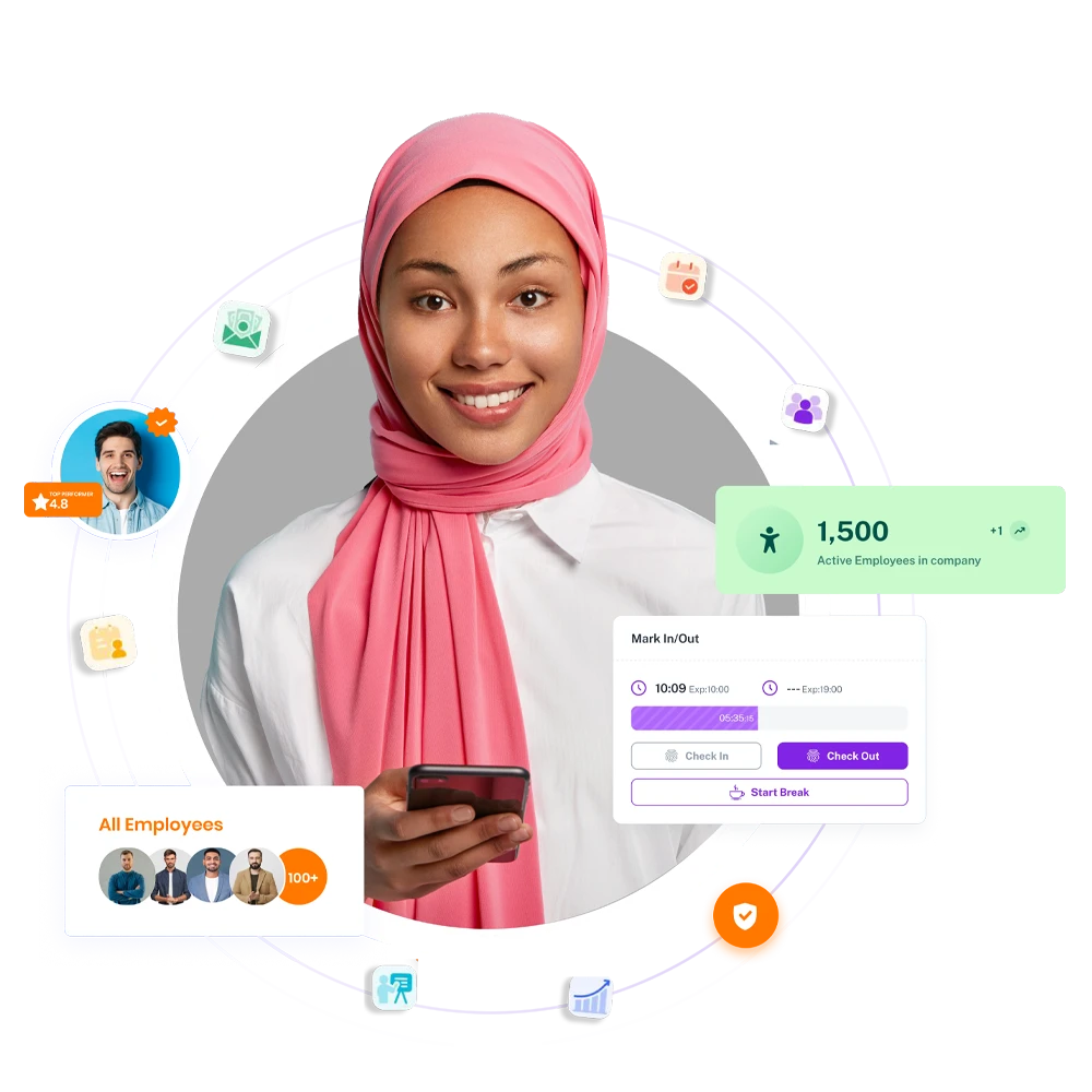 Alt Text: "Professional woman using HRSM in UAE and GCC mobile application showing employee management dashboard with attendance tracking, company statistics displaying 1,500 active employees, and integrated HR features for modern businesses