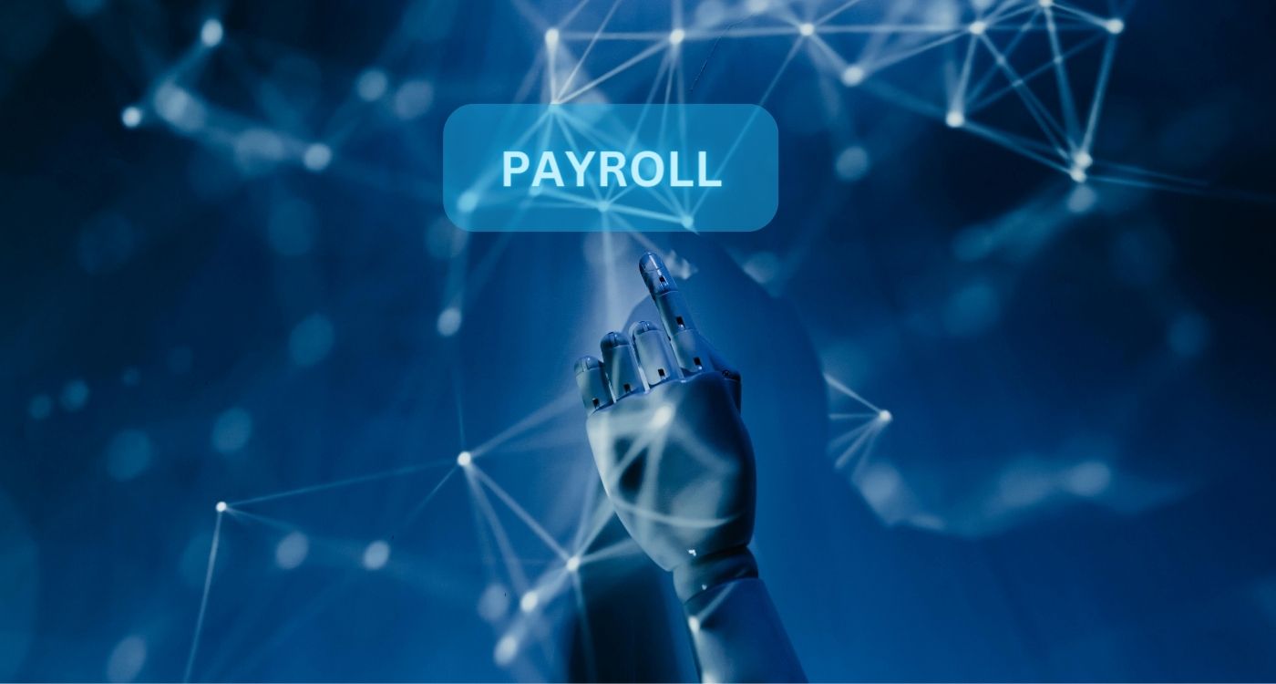 A robotic hand reaches toward a glowing "PAYROLL" button, symbolizing AI-driven payroll automation and efficiency in modern HR software like Decibel 360 Cloud.