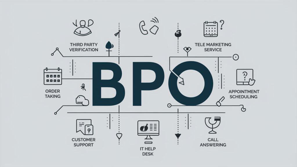 Illustration depicting various services offered by BPO companies, including third-party verification, telemarketing, appointment scheduling, customer support, IT help desk, and call answering.