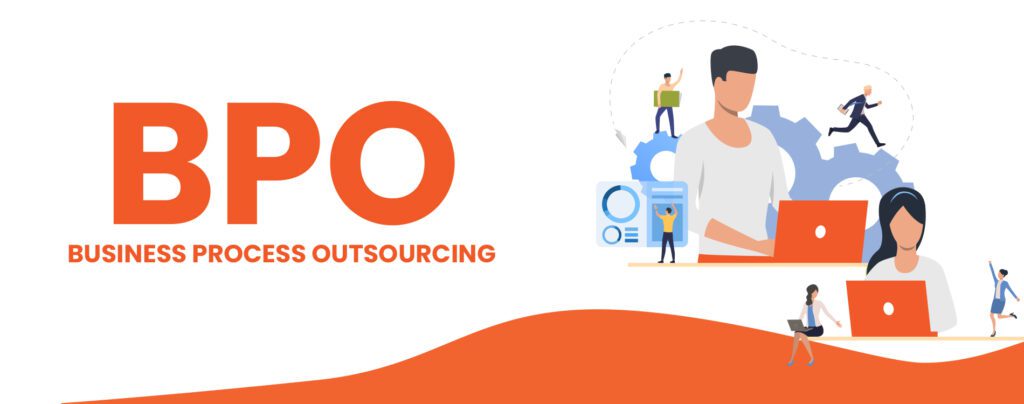 Illustration of professionals working on laptops with the text "BPO - Business Process Outsourcing," representing BPO companies in Pakistan and outsourcing services.