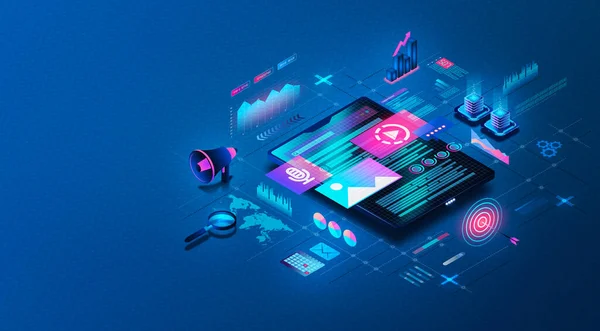 Digital illustration showing HCM software analysis tools, including a magnifying glass, data charts, and automation icons.