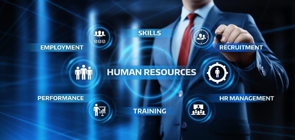 Business professional interacting with digital icons representing human resources processes such as recruitment, training, performance, and HR management, showcasing the importance of payroll software in Pakistan.