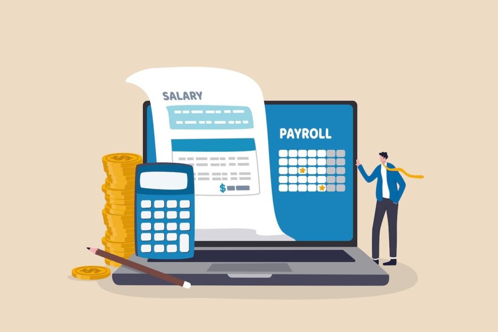 An illustration of Salary Management Software in Pakistan, featuring a laptop displaying payroll software, a salary slip, a calculator, a stack of coins, a pencil, and a businessperson in a suit with a yellow scarf, symbolizing digital payroll automation and financial management.