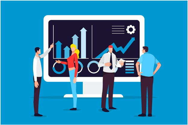 Illustration of professionals analyzing HR data on a digital dashboard, representing the Future of HRMS with AI-driven analytics, automation, and workforce management innovations.