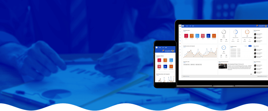 Payroll Management Software dashboard displayed on a laptop and smartphone, showcasing employee status, analytics, and HR insights for businesses