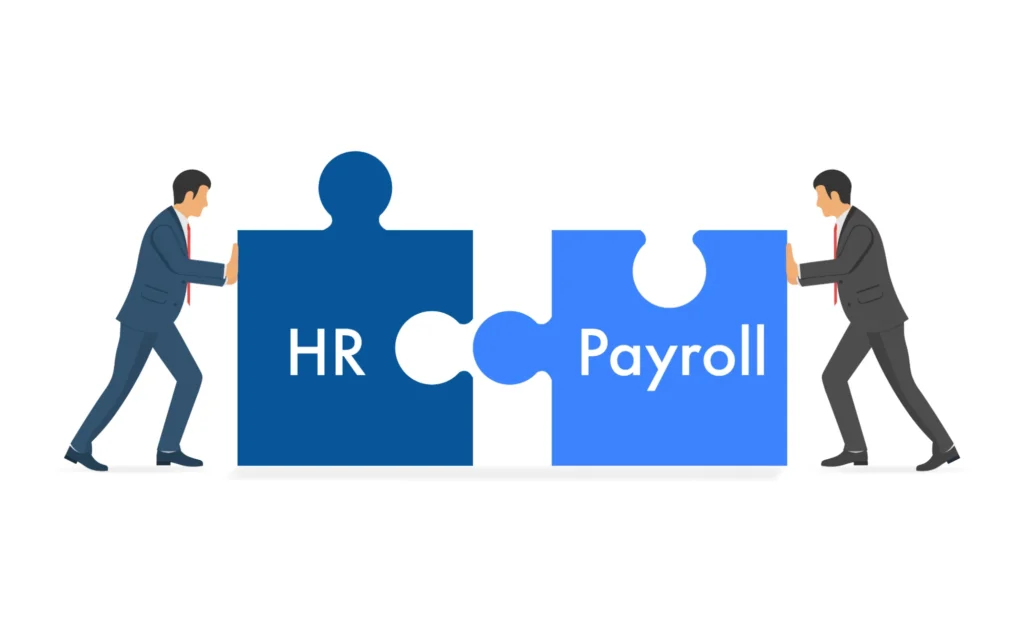 Two businessmen pushing large puzzle pieces labeled HR and Payroll, symbolizing the integration of HCM Service in Pakistan for seamless HR and payroll management.