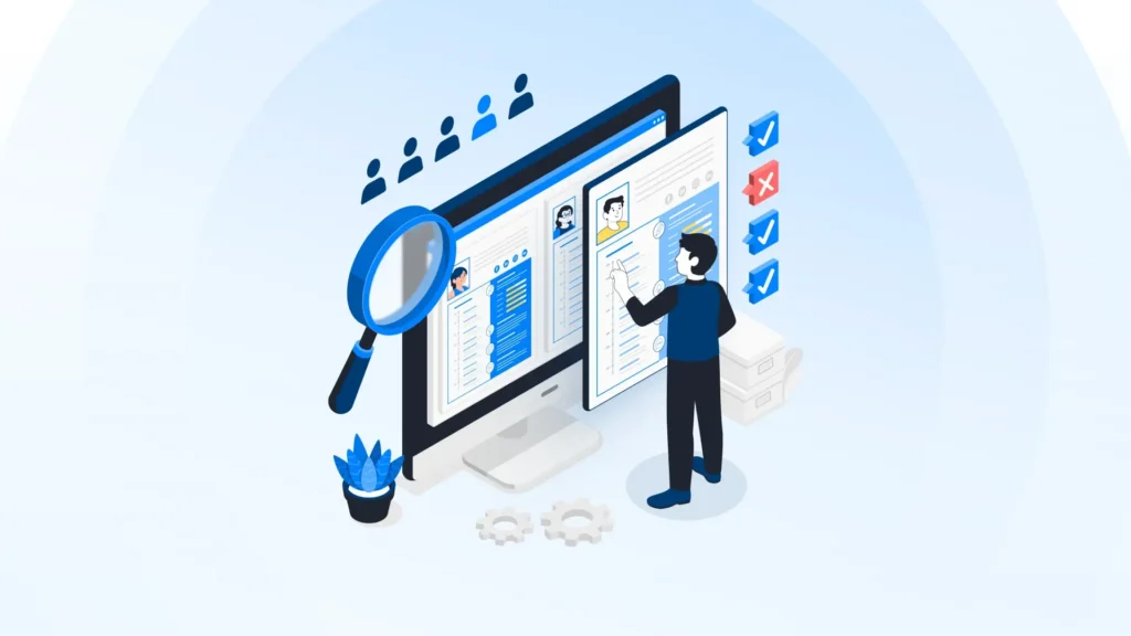 Illustration of Employee Onboarding Software showing candidate selection process with digital profiles, checklists, and magnifying glass.