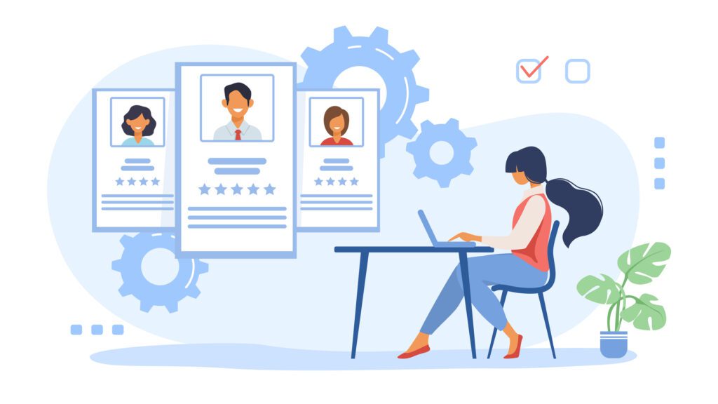 Illustration of a woman using a laptop for HCM Leave Management with employee profiles and automation icons in the background.