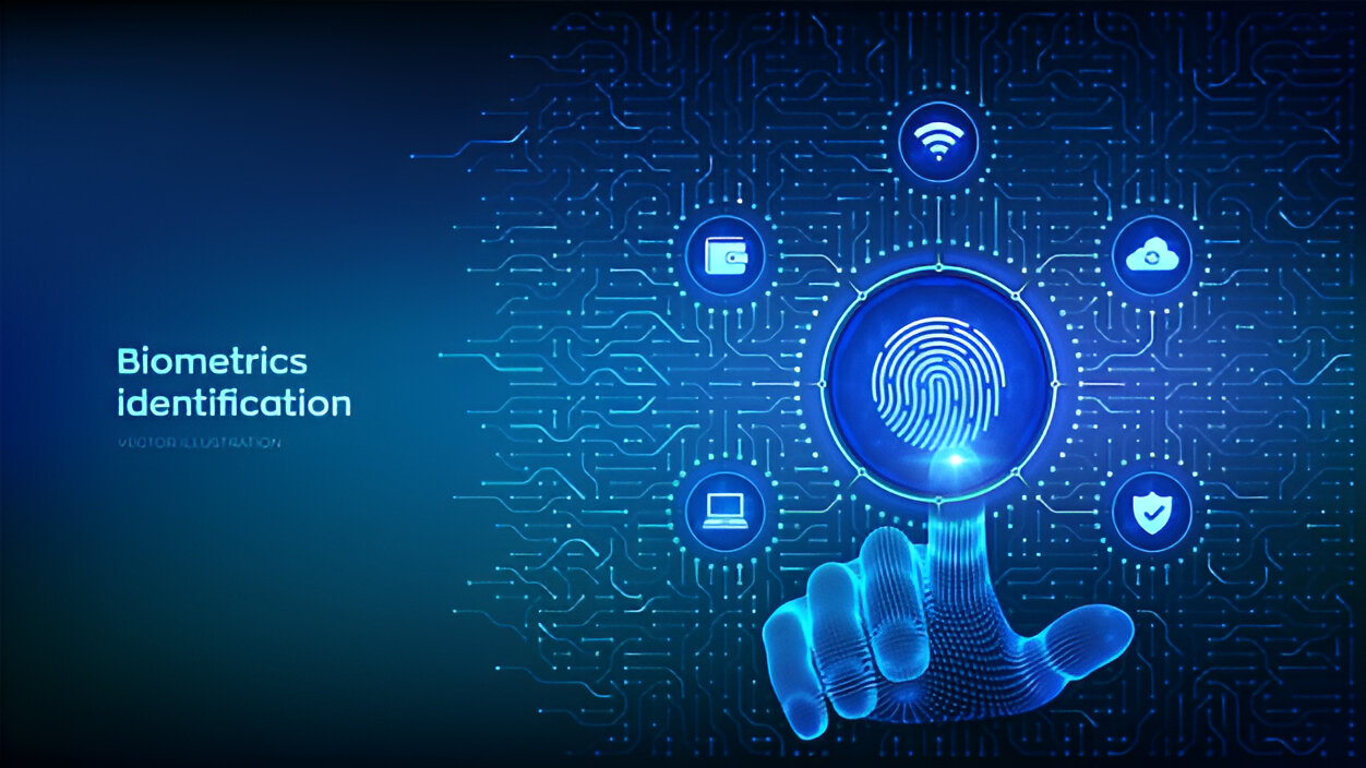 Digital illustration showcasing a biometric attendance system software with a fingerprint scan interface, symbolizing secure identity verification through technology.