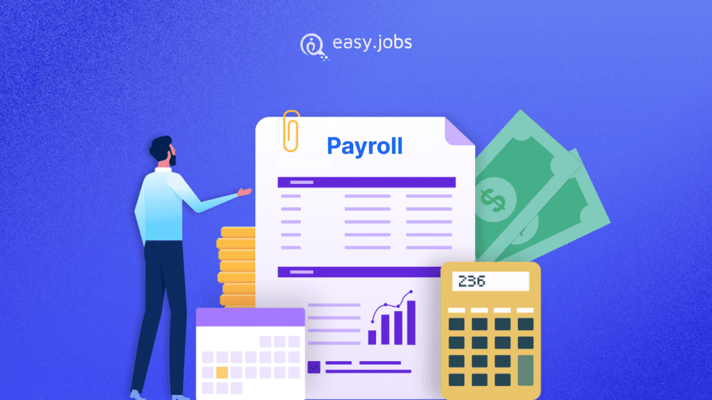 Illustration representing payroll software in Pakistan with a person reviewing payroll data, a calculator, currency notes, and financial charts.