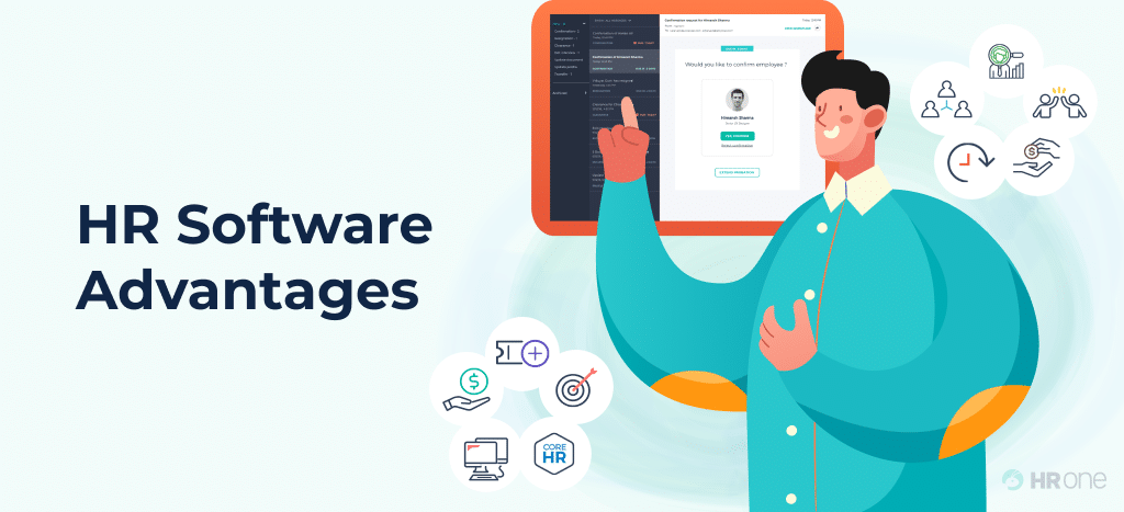 Illustration showing the benefits of HR software with icons representing payroll, recruitment, attendance, and performance features.