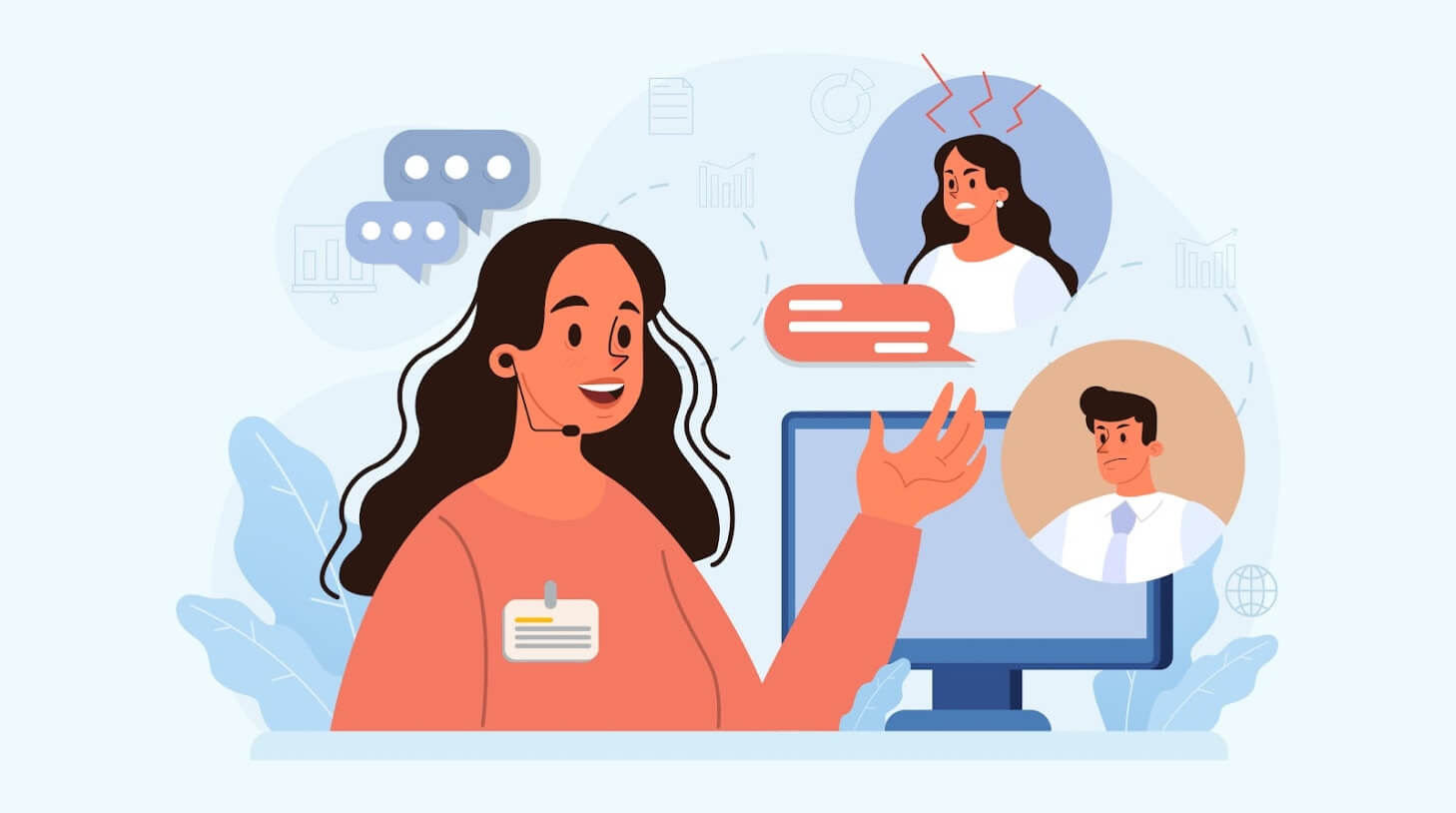 Illustration of a customer support representative assisting new hires through employee onboarding software, improving communication and retention.