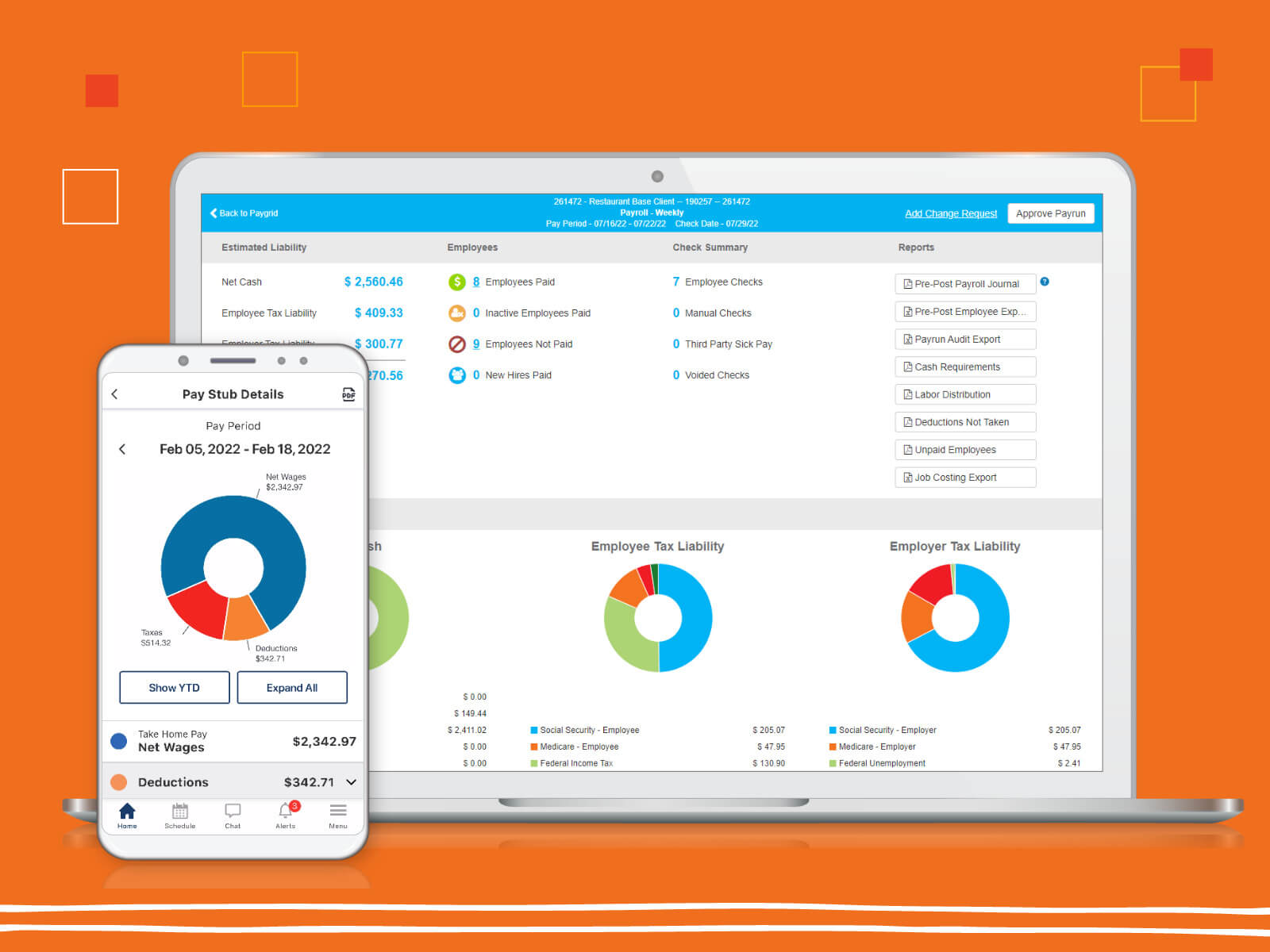 HR & Attendance Software dashboard showing payroll, tax liability charts, and pay stub details on mobile and desktop for small teams in Pakistan.