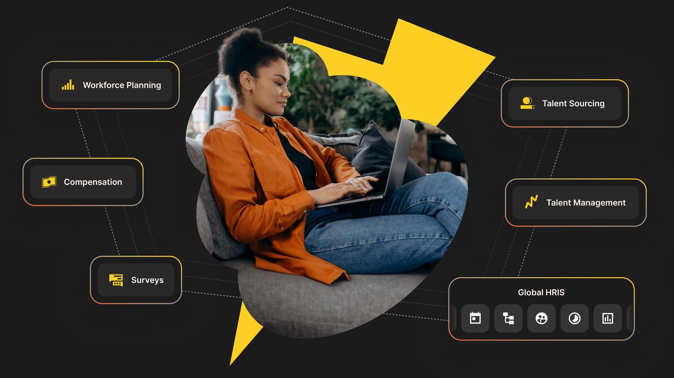 A woman working on a laptop surrounded by HR software elements like workforce planning, talent sourcing, compensation, and global HRIS, representing top HR & payroll solutions.