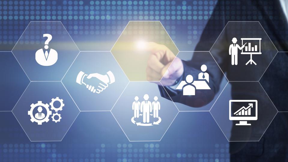 HR software for business owners & HR managers in Pakistan showing icons of teamwork, performance, training, and digital growth in a futuristic interface.