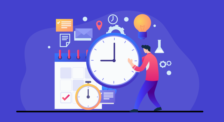 Illustration of a person managing time with large clock, calendar, and task icons representing employee time tracking software for remote and on-site teams.