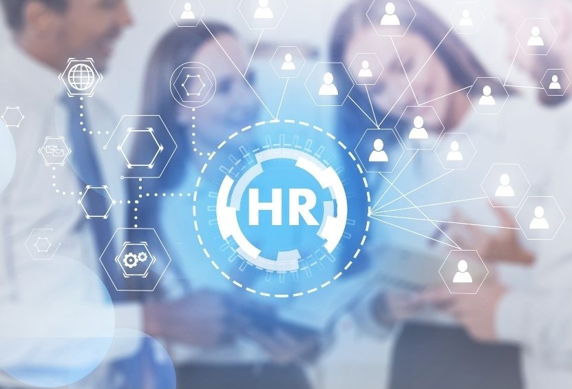 Digital illustration of HR software interface with icons and employees in the background representing modern human resource management technology.
