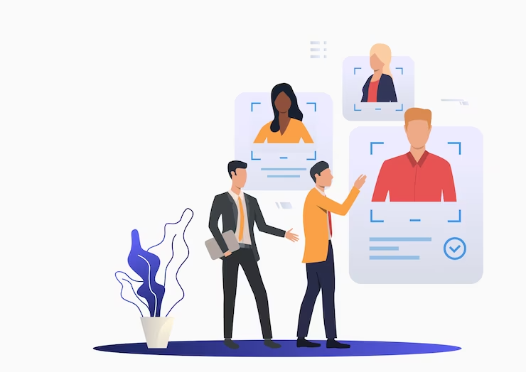 Illustration of professionals reviewing profiles using HR software for business