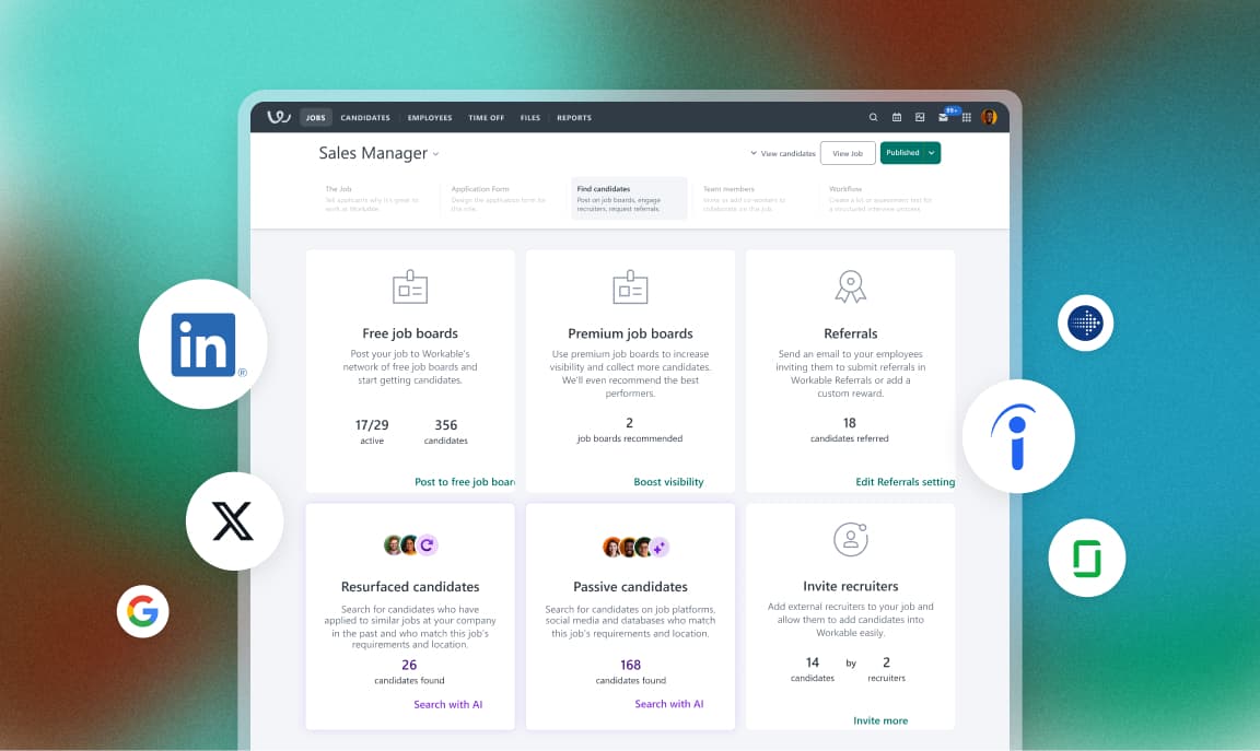 Dashboard interface of an Employee Hiring Software displaying job board integrations, candidate sourcing options, and recruiter tools for smart hiring.